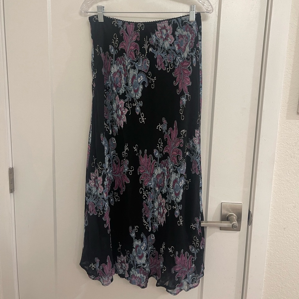Vintage Y2K Whimseygoth Fairycore Black Maxi Skirt Pink & Blue Floral Print